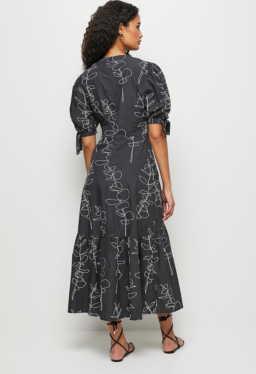 edit - Poplin tie sleeve tiered midi - black 