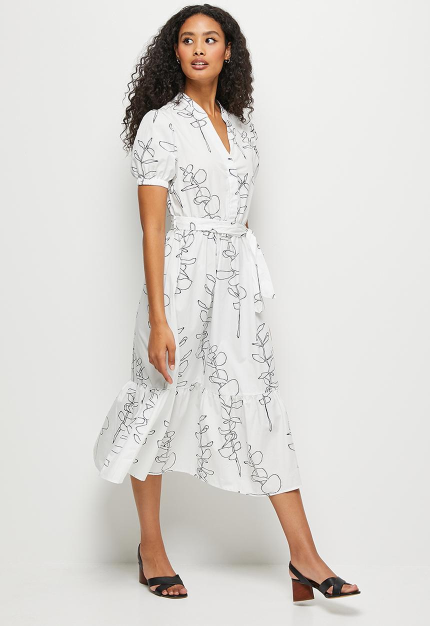 edit - Short sleeve cotton tiered shirt dress - white 
