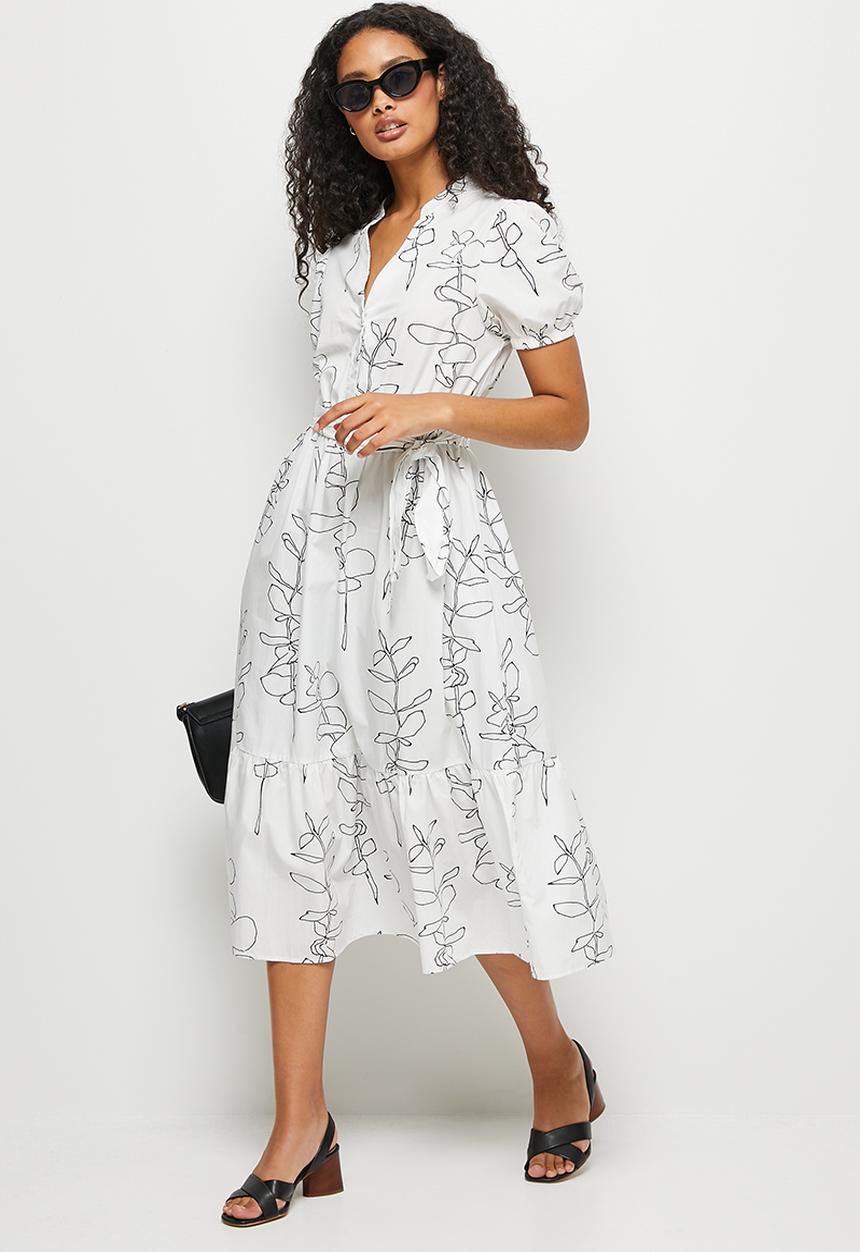 edit - Short sleeve cotton tiered shirt dress - white 