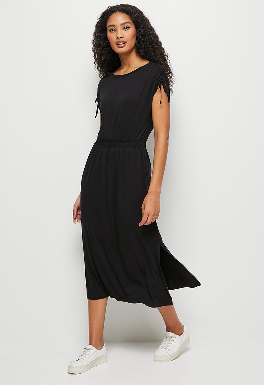 edit - Ruched shoulder knit fit & flare midi - black
