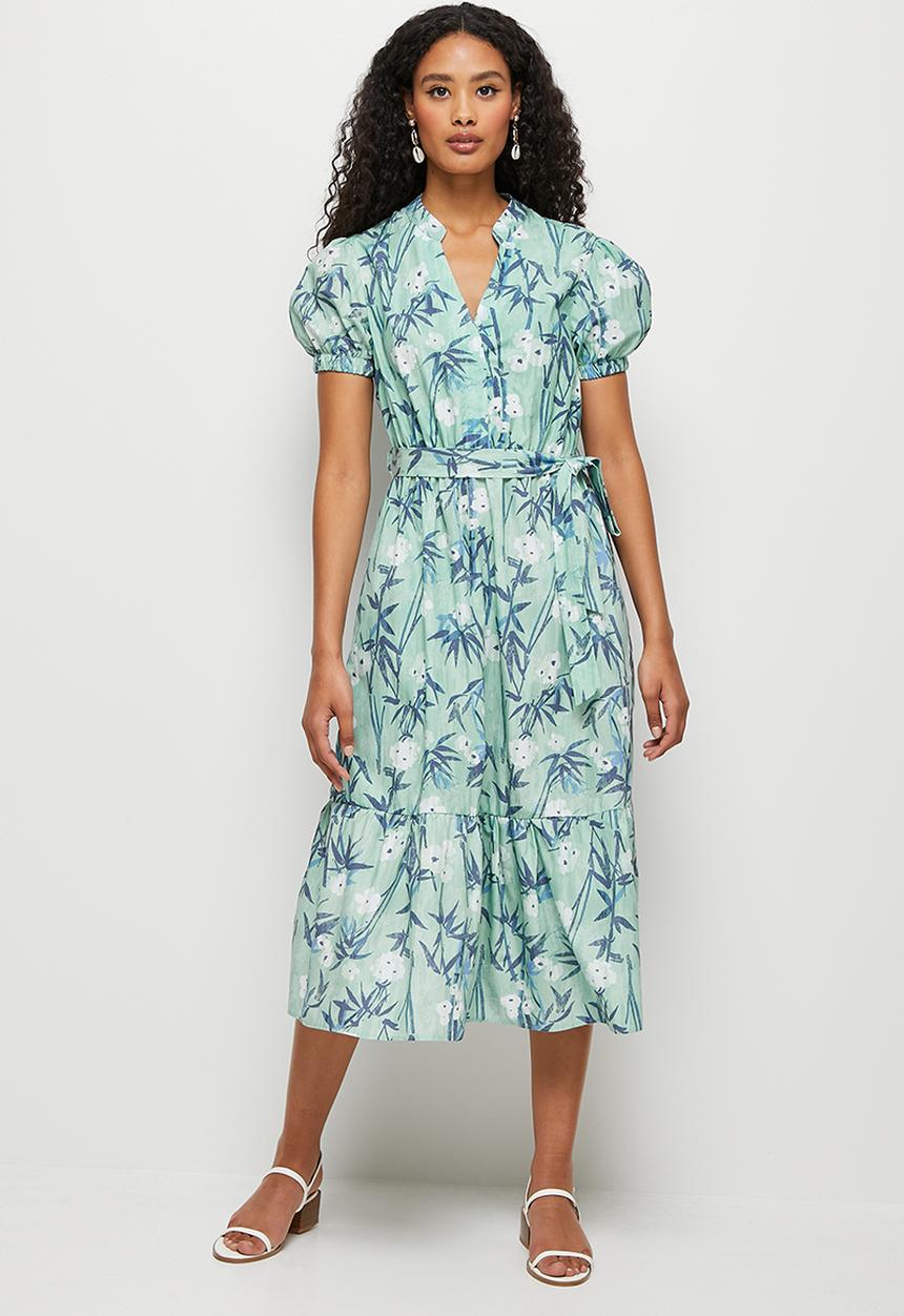 edit - Short sleeve cotton tiered shirt dress - sage 