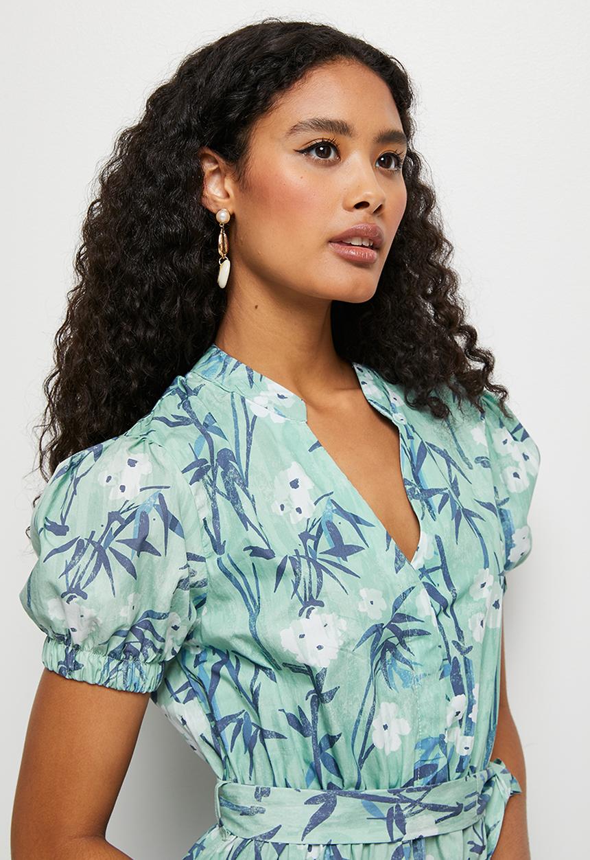edit - Short sleeve cotton tiered shirt dress - sage 