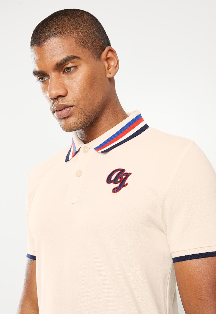 Aca Joe - Chest emb striped collar golfer - stone