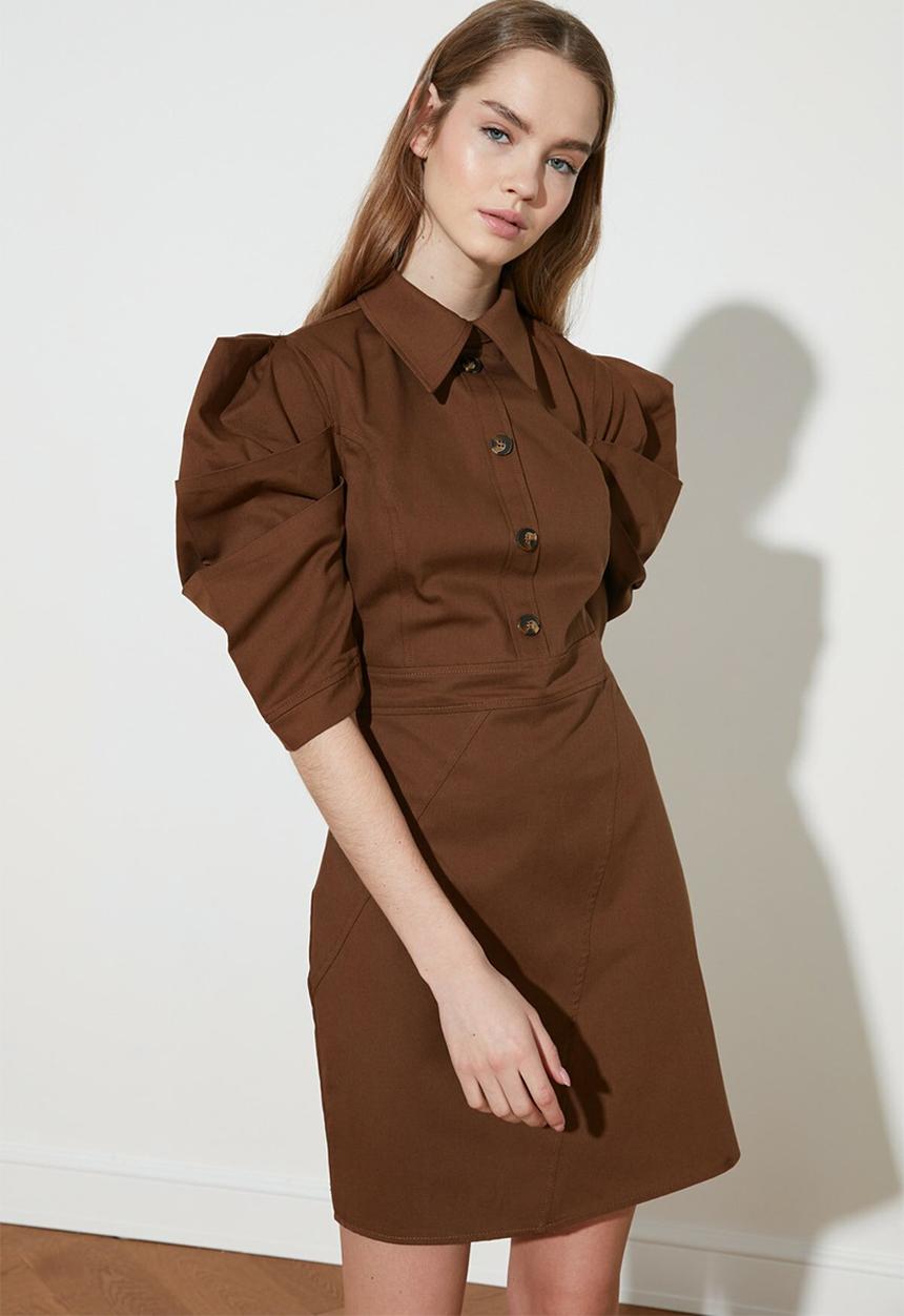 Trendyol - Button detailed balloon sleeve dress - camel
