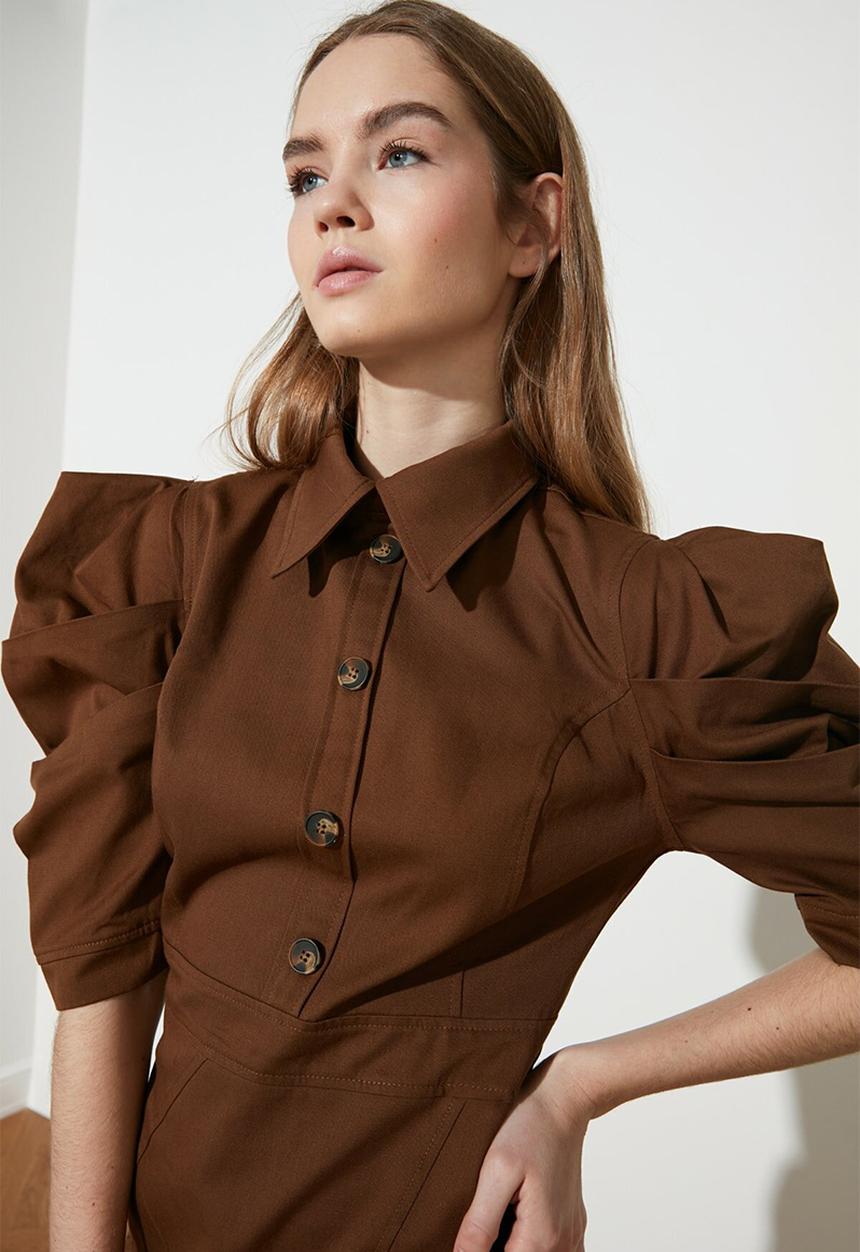 Trendyol - Button detailed balloon sleeve dress - camel