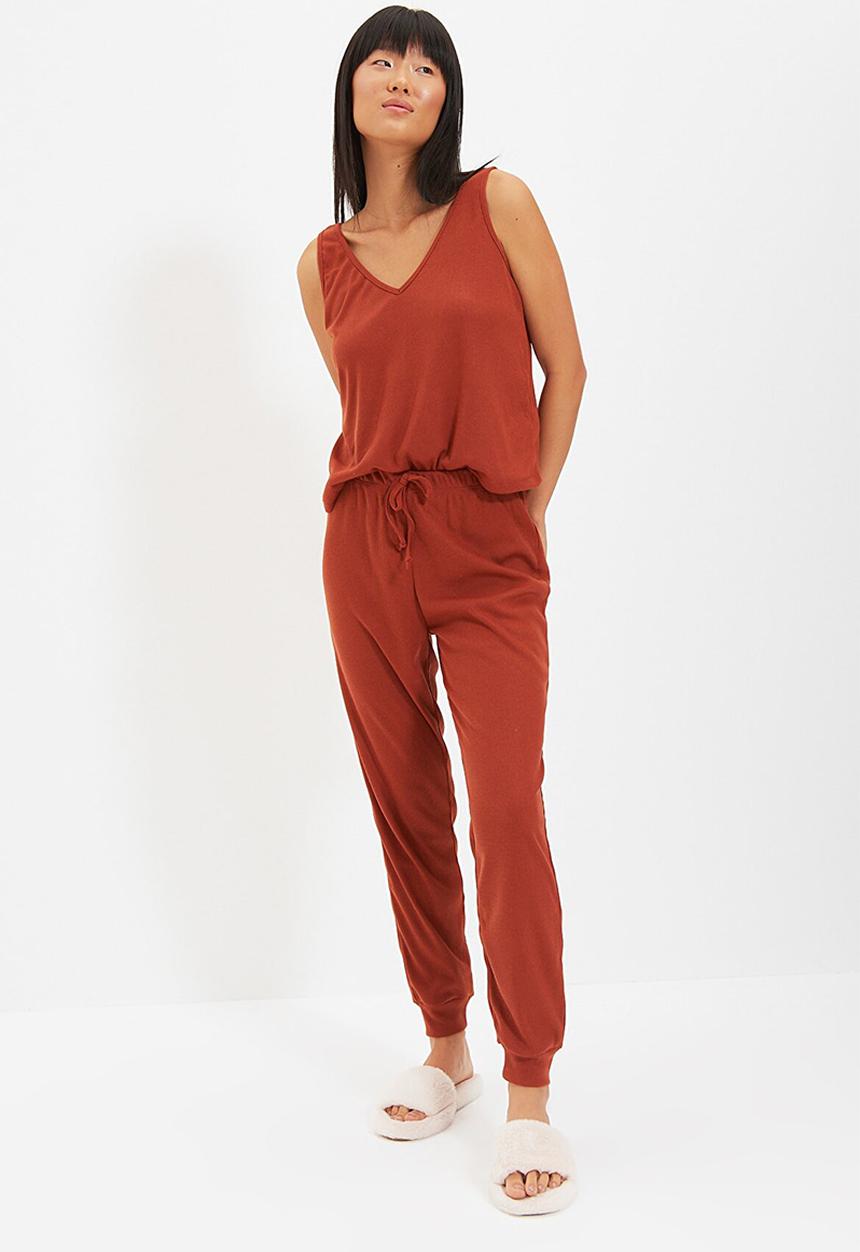 Trendyol - Camisole knit pajama set - cinnamon