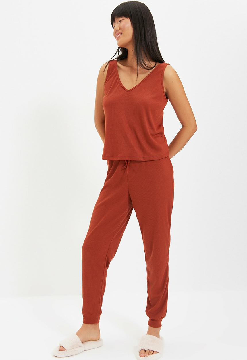 Trendyol - Camisole knit pajama set - cinnamon