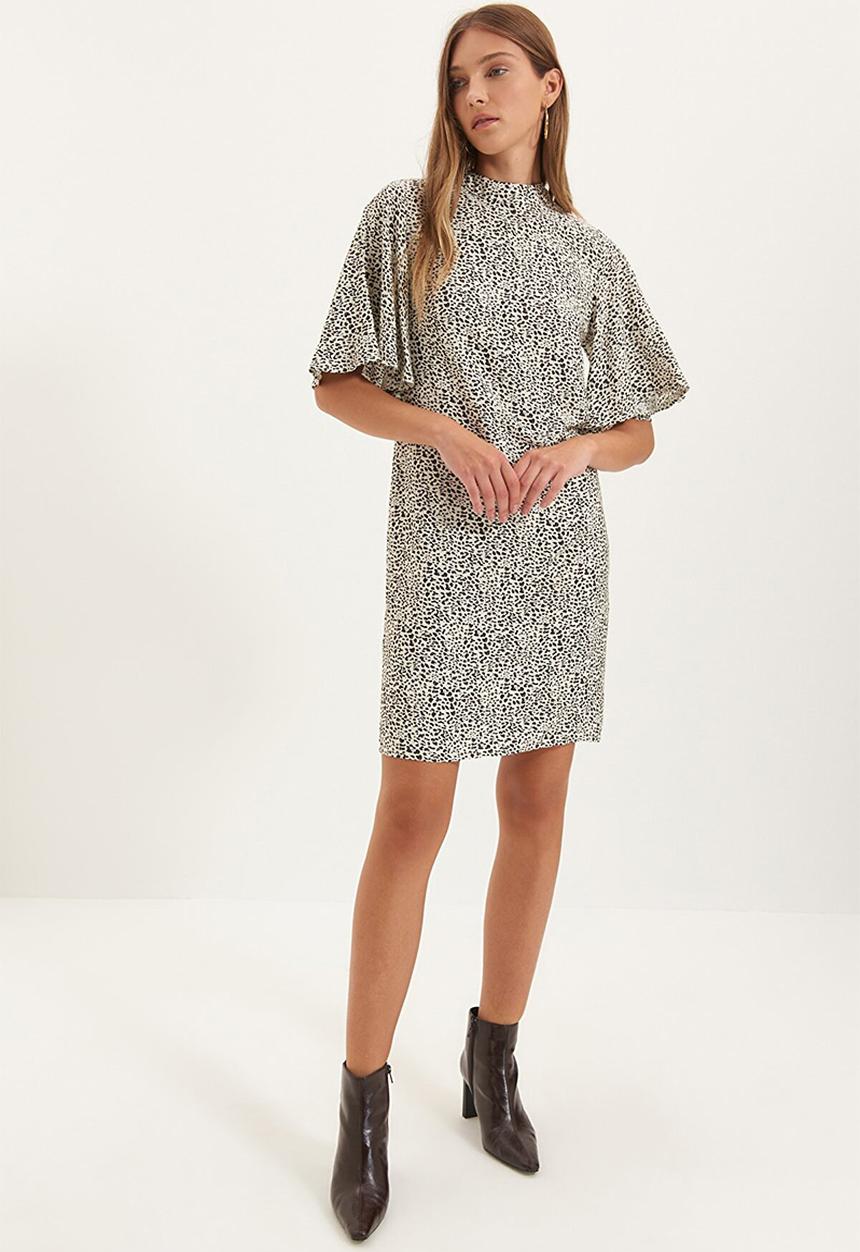 Trendyol - Flutter sleeve dress - stone & black 