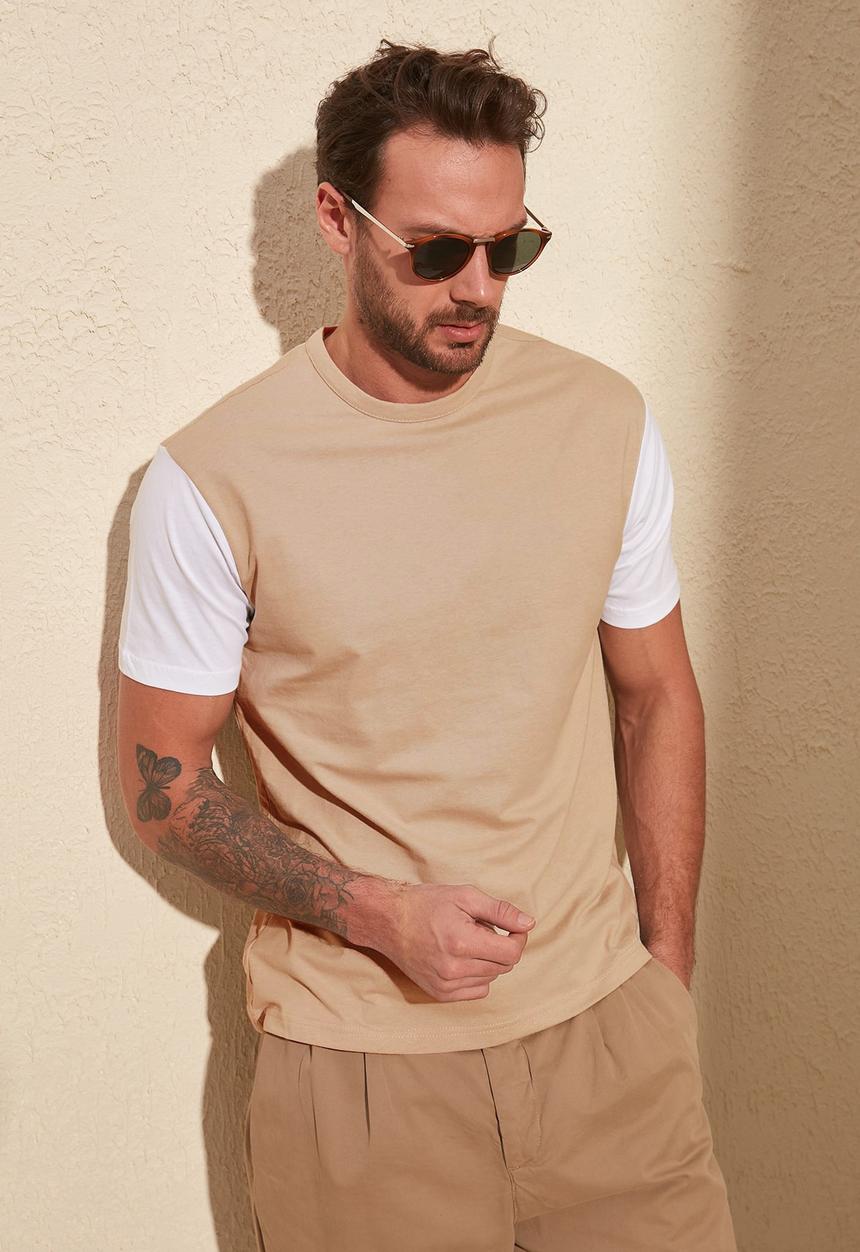 Trendyol - Contrast sleeve tee - white & beige 