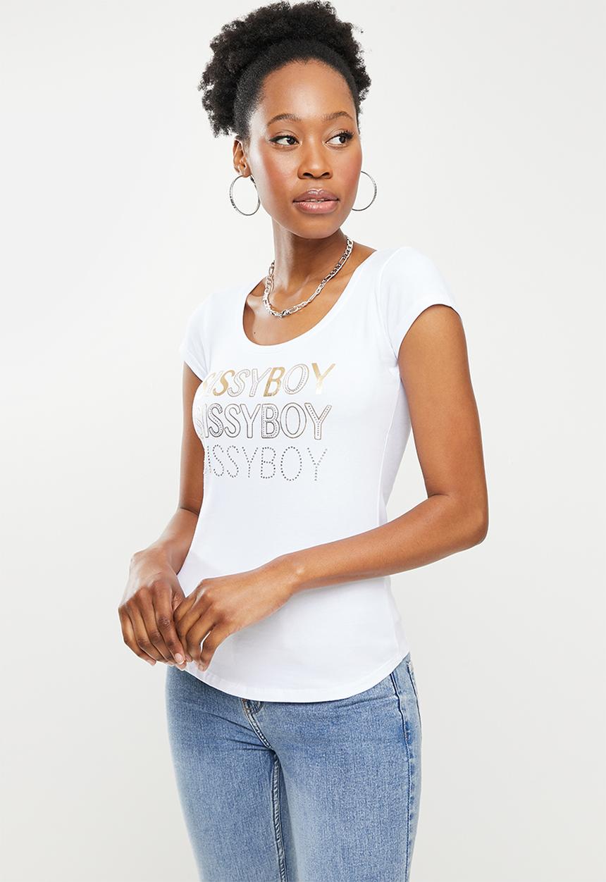 SISSY BOY - Basic round neck fitted top with cap sleeves and mixed foil print and bling logo - white