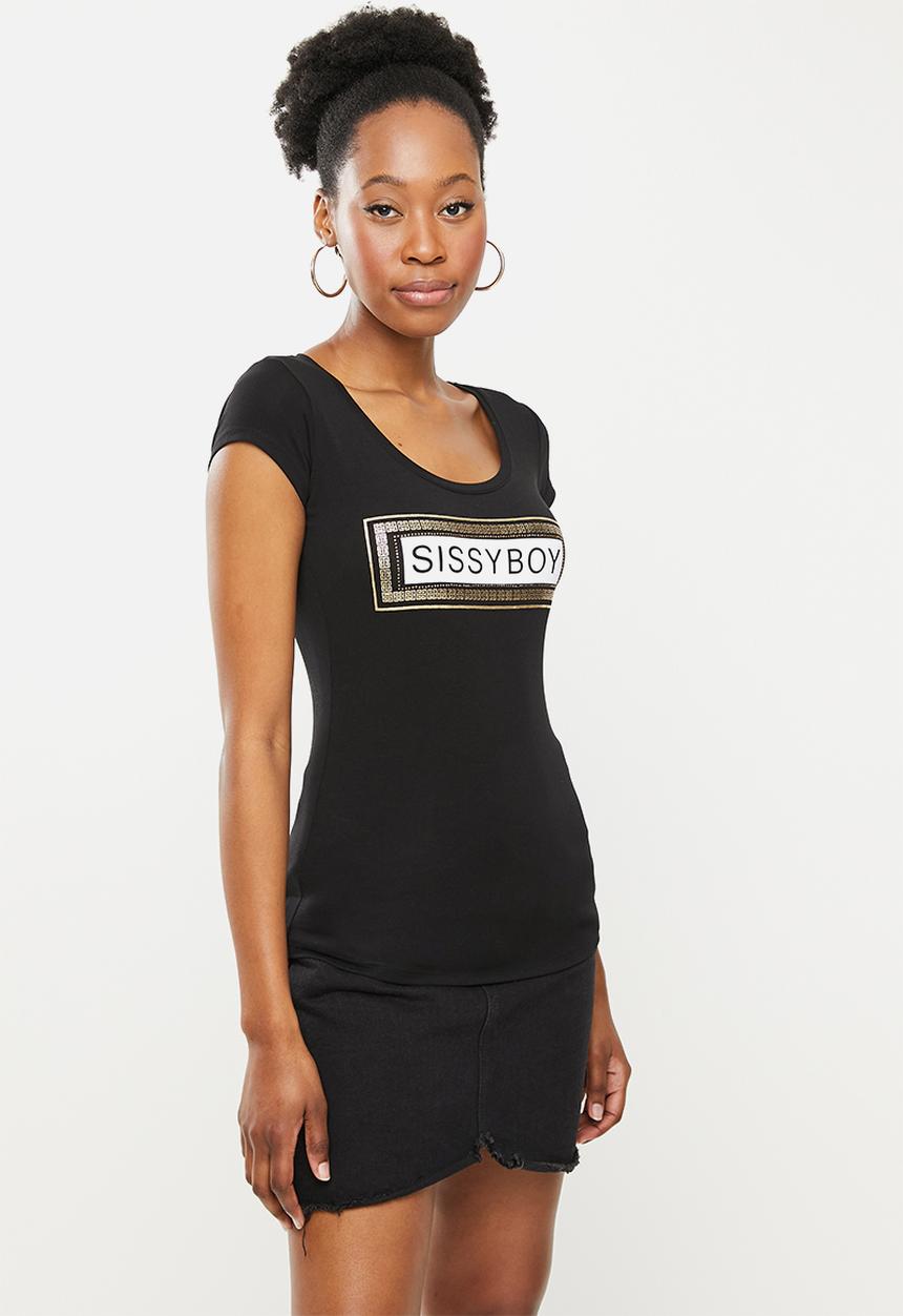 SISSY BOY - Basic round neck fitted top with cap sleeves and mixed foil print and bling logo - black
