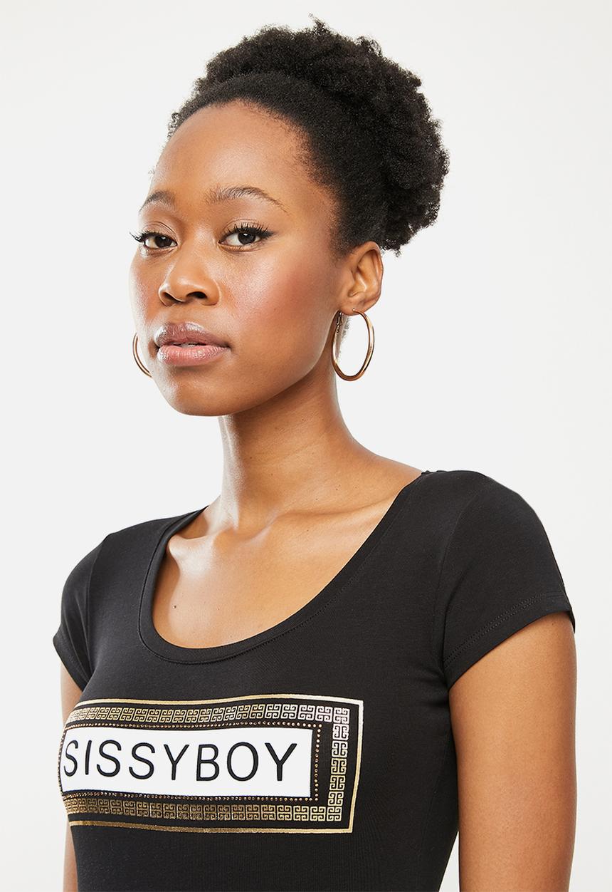 SISSY BOY - Basic round neck fitted top with cap sleeves and mixed foil print and bling logo - black