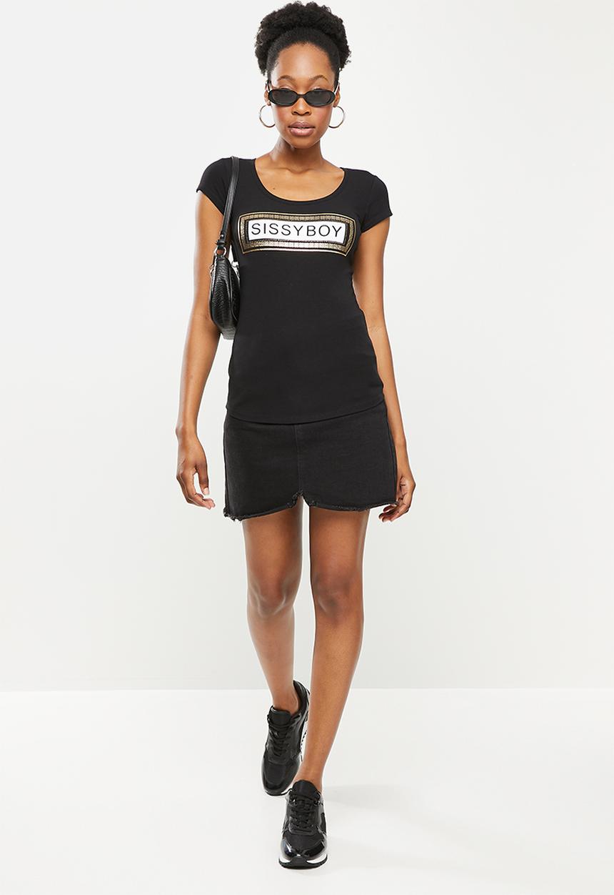 SISSY BOY - Basic round neck fitted top with cap sleeves and mixed foil print and bling logo - black