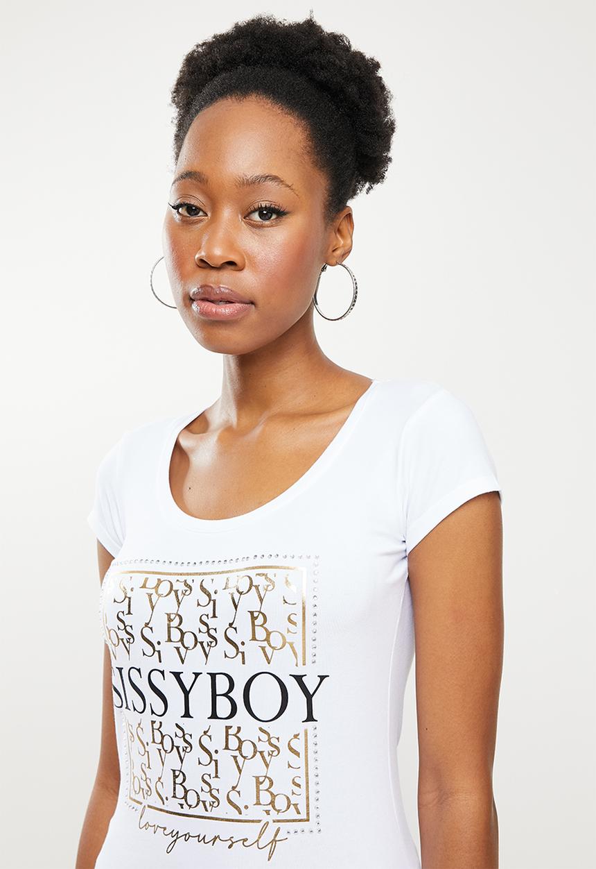 SISSY BOY - Basic round neck fitted top with cap sleeves and mixed foil / plain print and bling logo - white