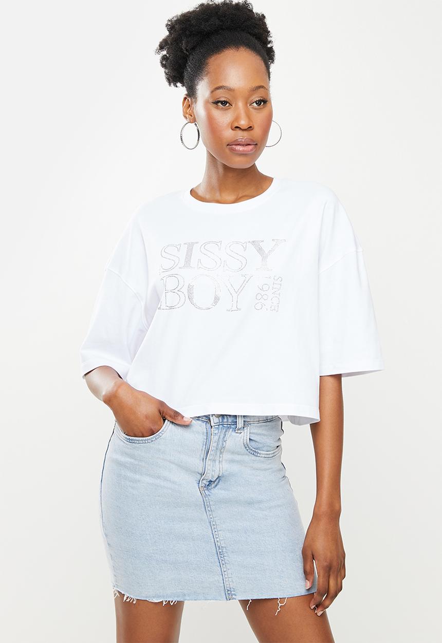 SISSY BOY - Boxy oversized top with short sleeves and bling logo - white
