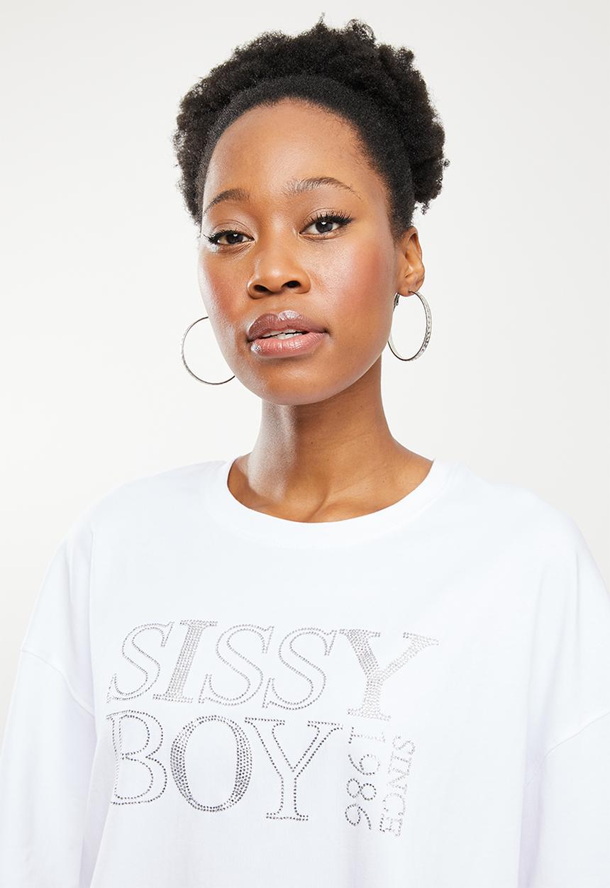 SISSY BOY - Boxy oversized top with short sleeves and bling logo - white