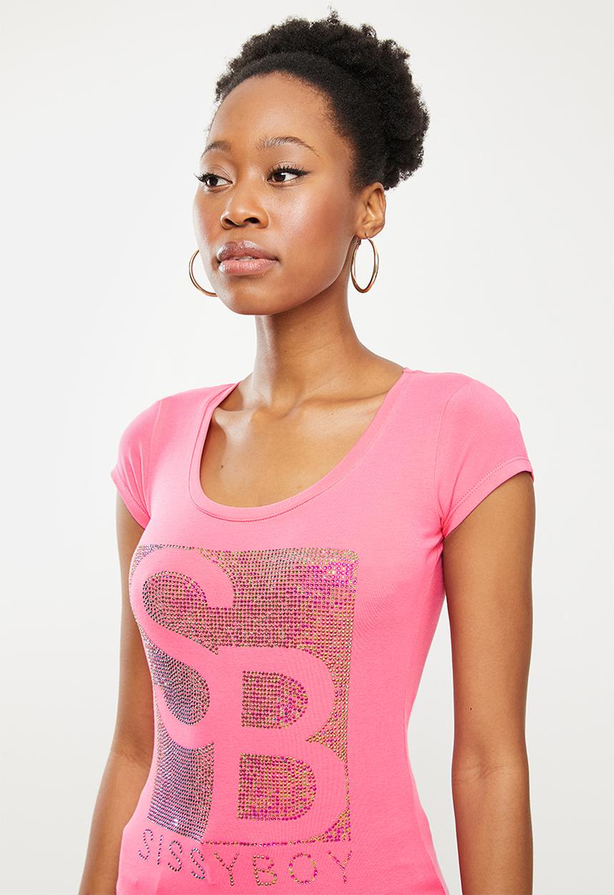 SISSY BOY - Basic round neck fitted top with cap sleeves and bling logo - pink 