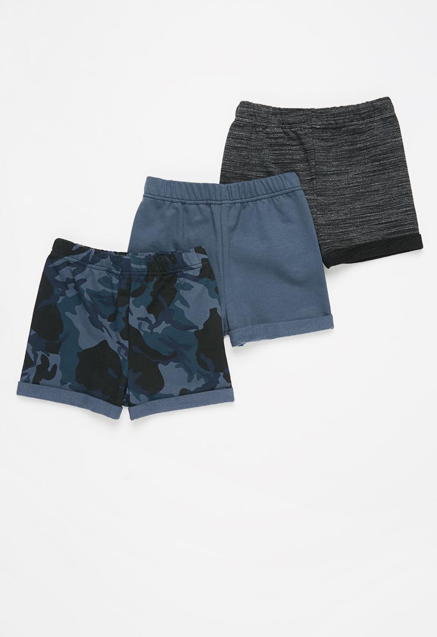 Pop Candy - Baby boys 3 pack fleece shorts - camo/blue/black