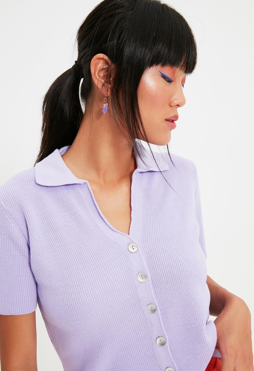 Trendyol - Polo collar crop knit t-shirt - lilac