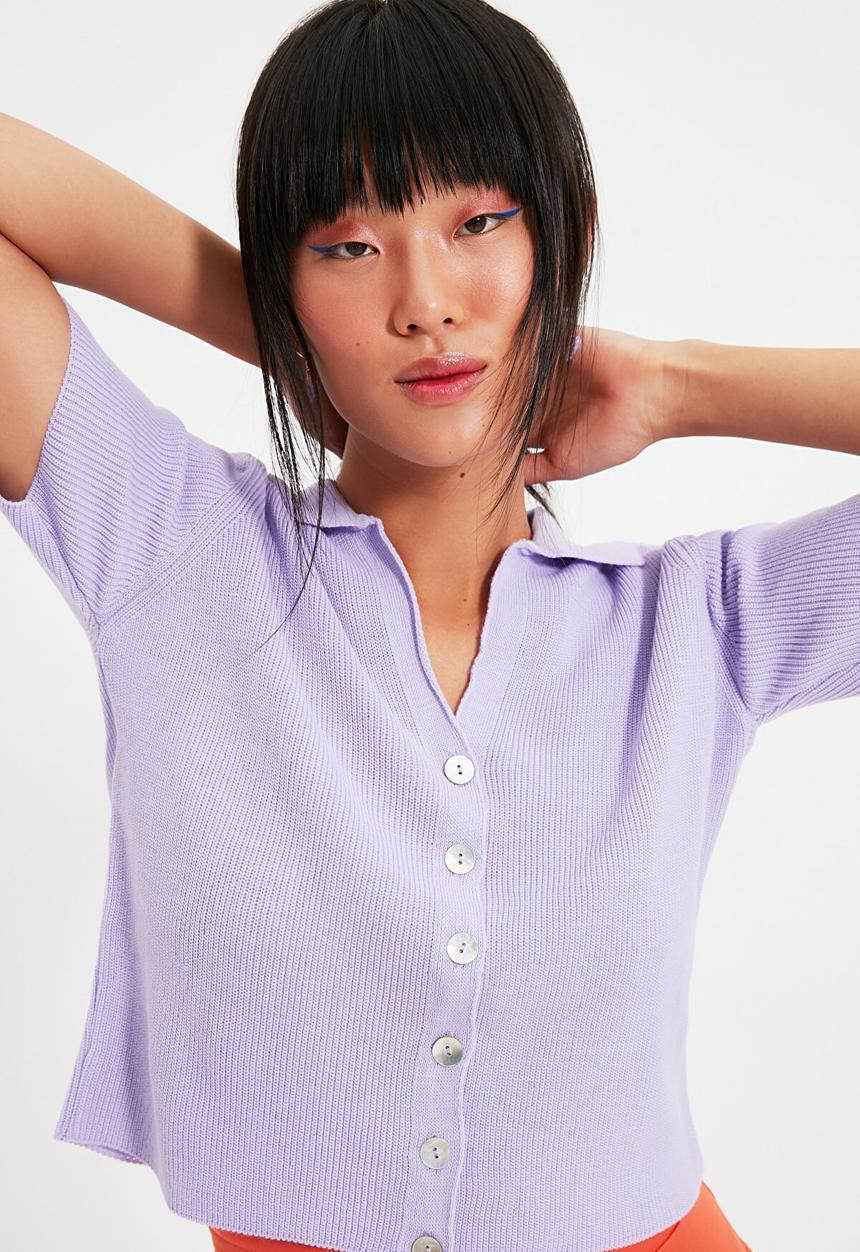 Trendyol - Polo collar crop knit t-shirt - lilac