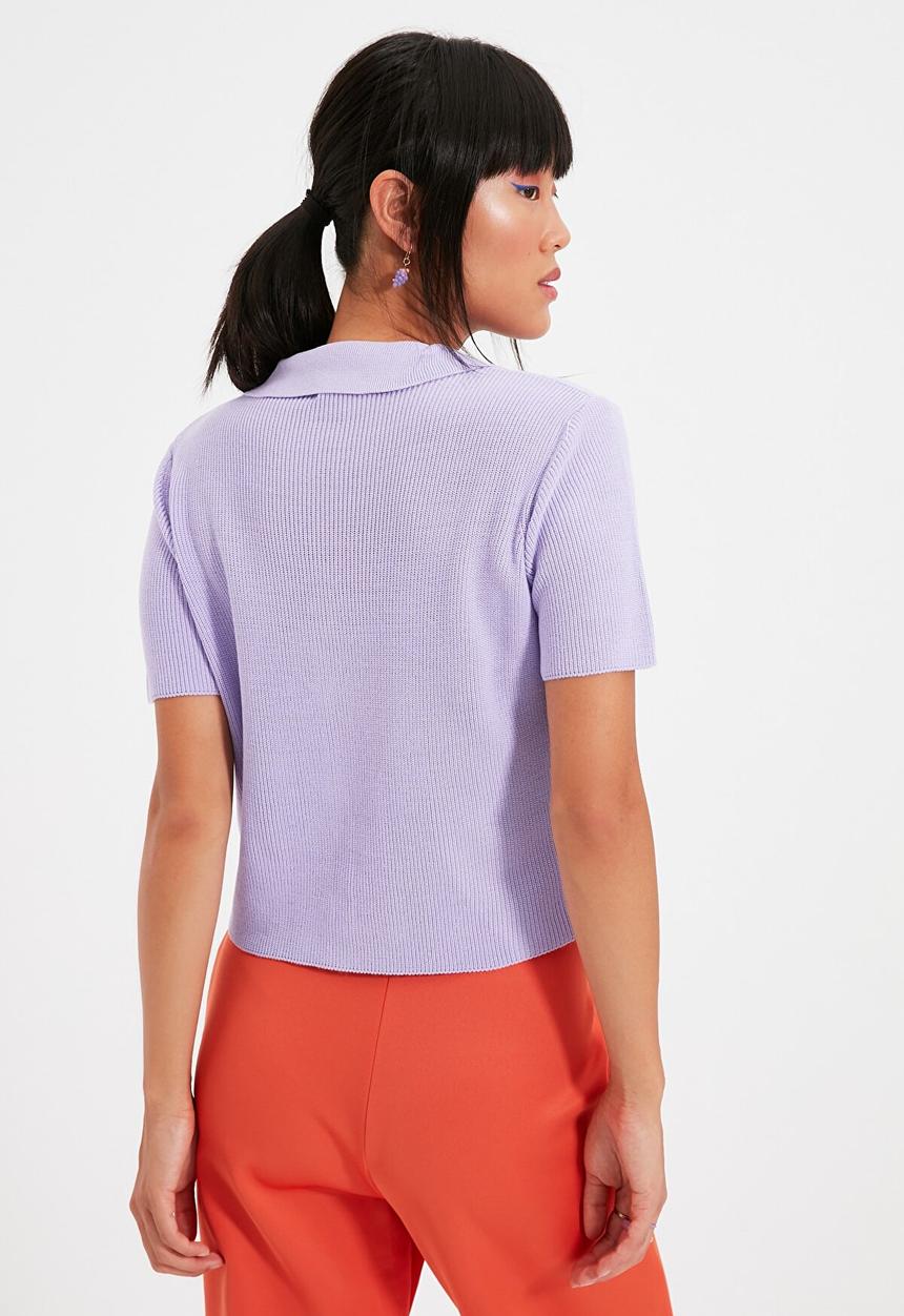 Trendyol - Polo collar crop knit t-shirt - lilac