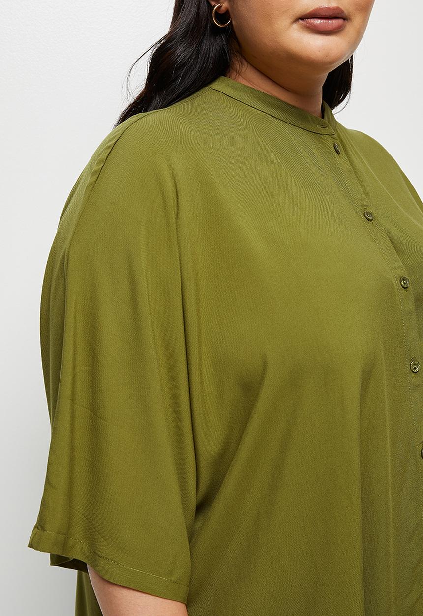 edit Plus - Mandarin boxy soft shirt - dark olive
