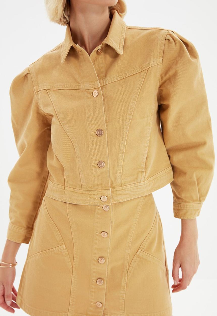 Trendyol - Balloon sleeve crop denim jacket - camel