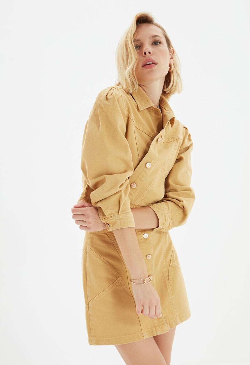 Trendyol - Balloon sleeve crop denim jacket - camel