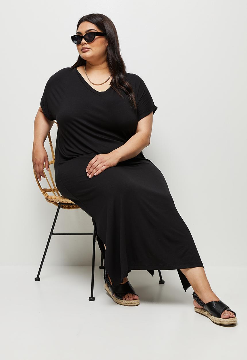 edit Plus - V-neck knit column maxi dress - black
