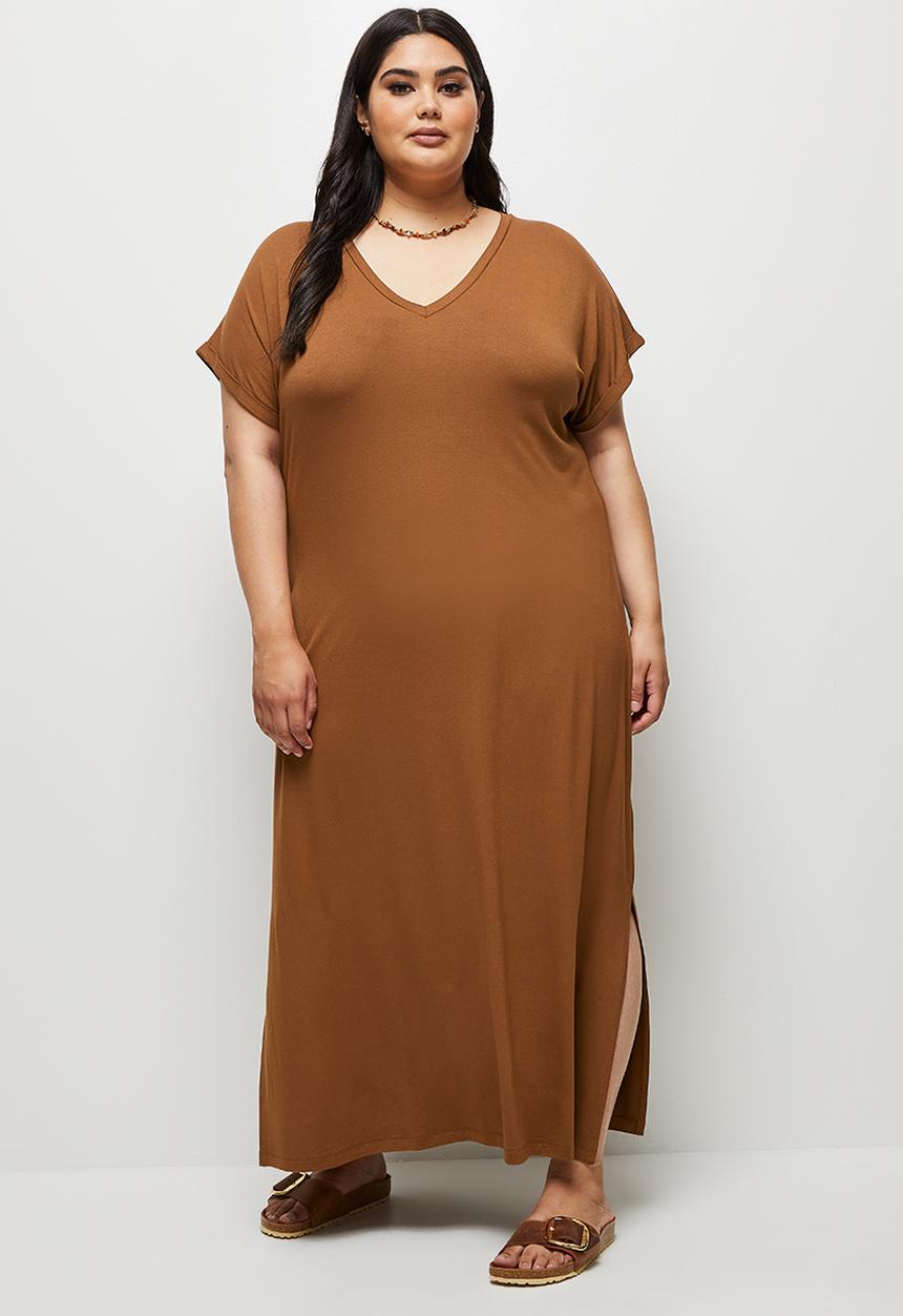 edit Plus - V-neck knit column maxi dress - tobacco