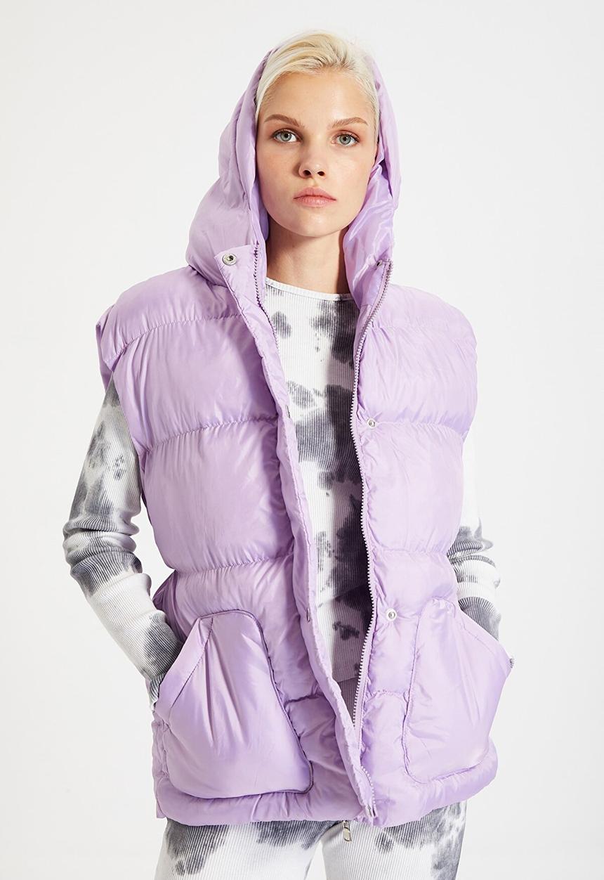 Trendyol - Belt hooded puffer vest - purple