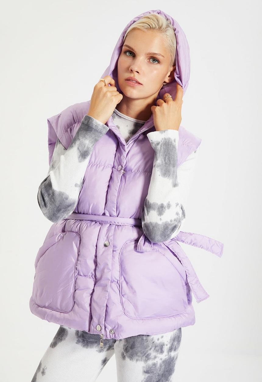 Trendyol - Belt hooded puffer vest - purple