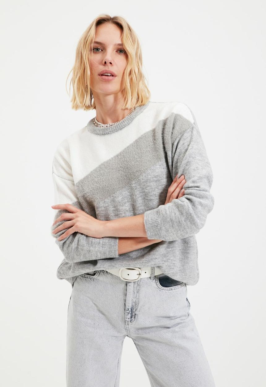 Trendyol - Striped crew neck knit sweater - grey