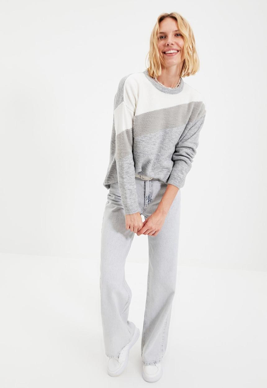 Trendyol - Striped crew neck knit sweater - grey