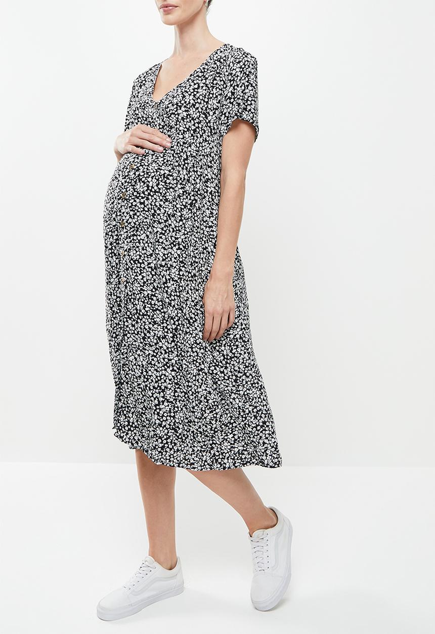 Cotton On - Maternity woven button front short sleeve midi dress - didi ditsy black