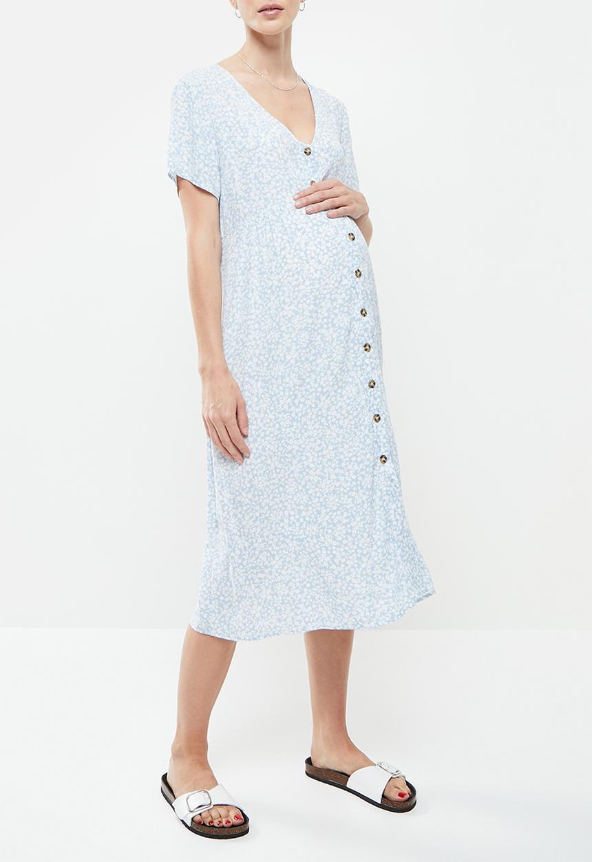 Cotton On - Maternity woven button front short sleeve midi dress - didi ditsy new wave blue