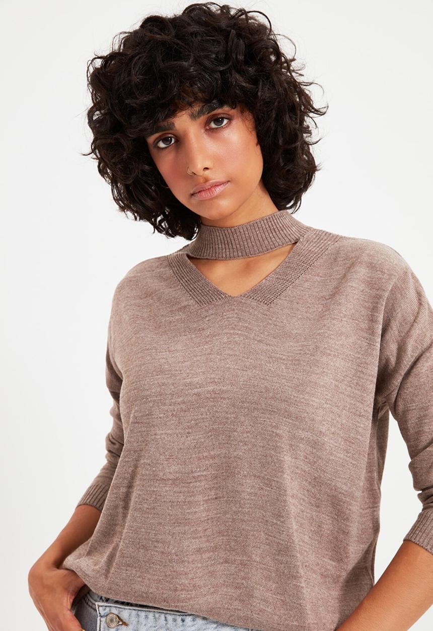 Trendyol - Choker collar knit sweater - mink