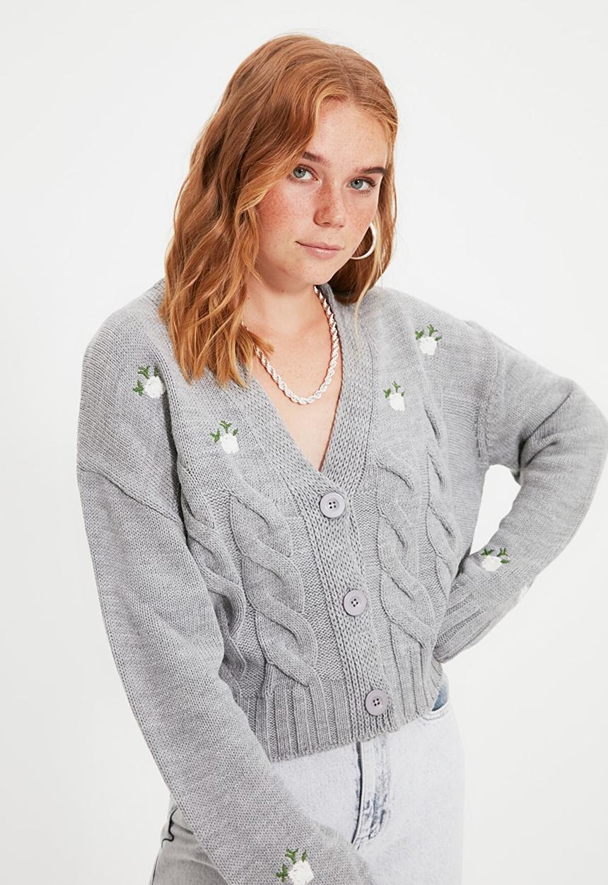 Trendyol - Embroidered knit cardigan - grey