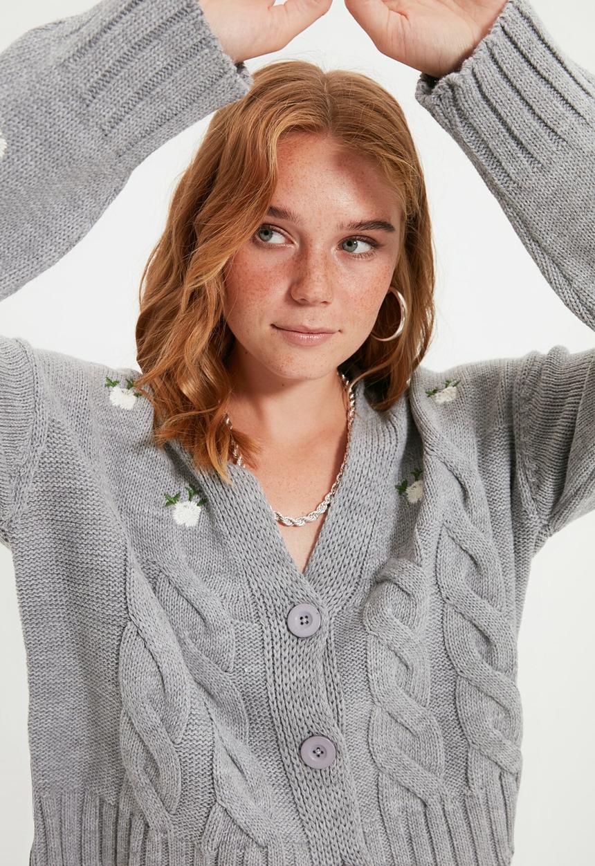 Trendyol - Embroidered knit cardigan - grey