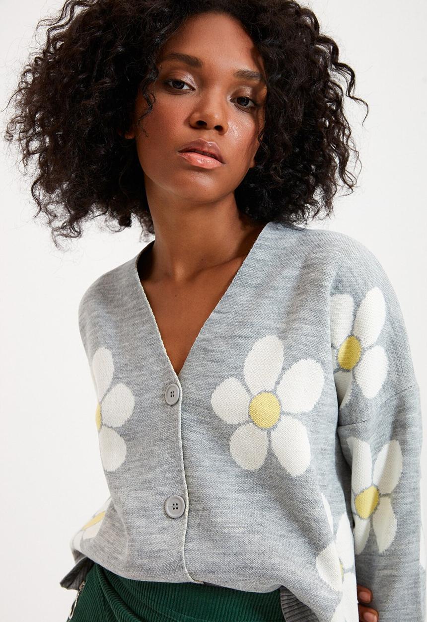 Trendyol - Jacquard flower knit cardigan - grey