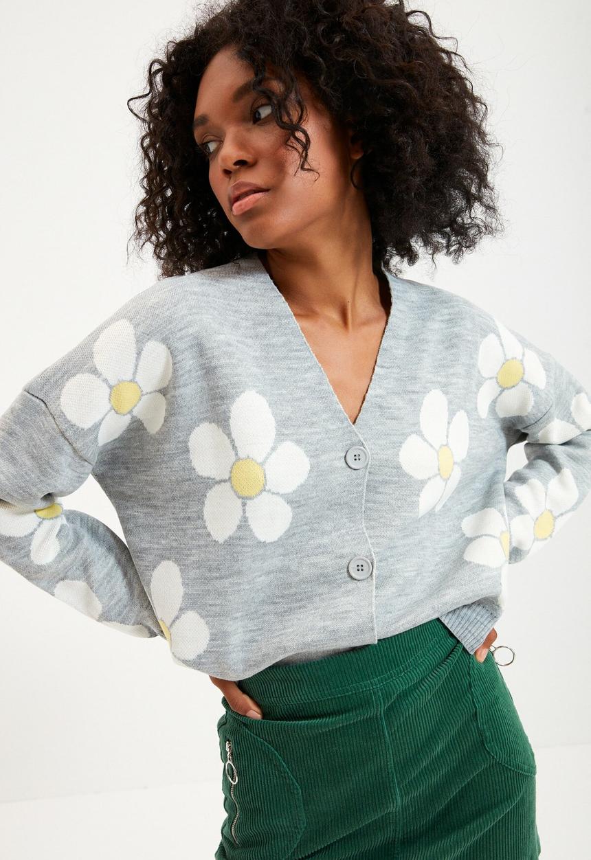 Trendyol - Jacquard flower knit cardigan - grey