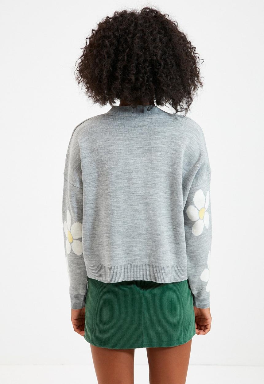Trendyol - Jacquard flower knit cardigan - grey