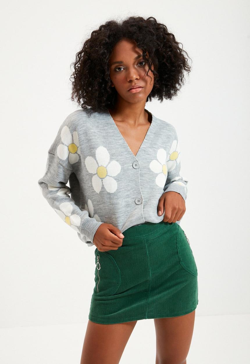 Trendyol - Jacquard flower knit cardigan - grey