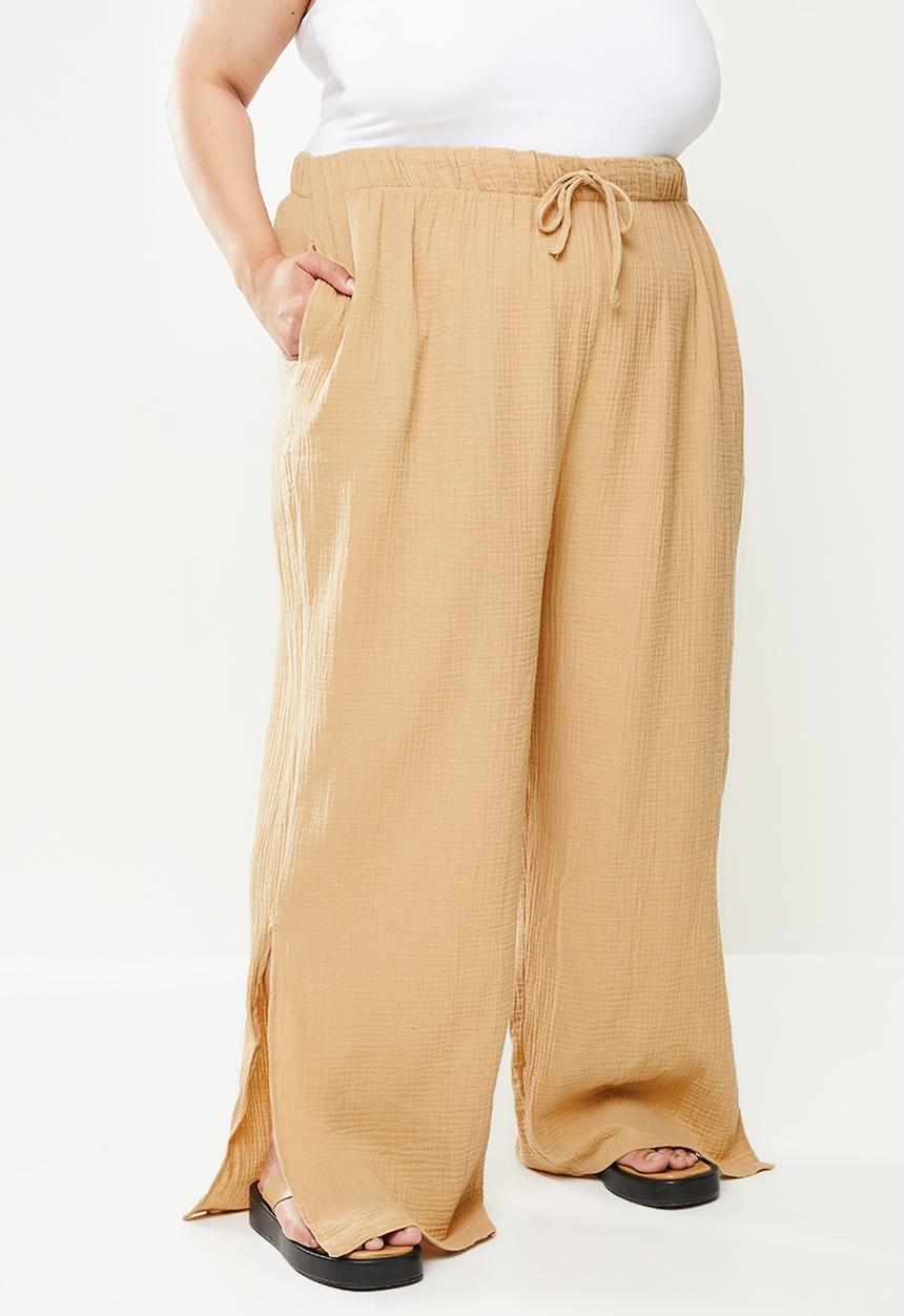 Cotton On - Curve woven tie waist wide leg pant - brown taupe