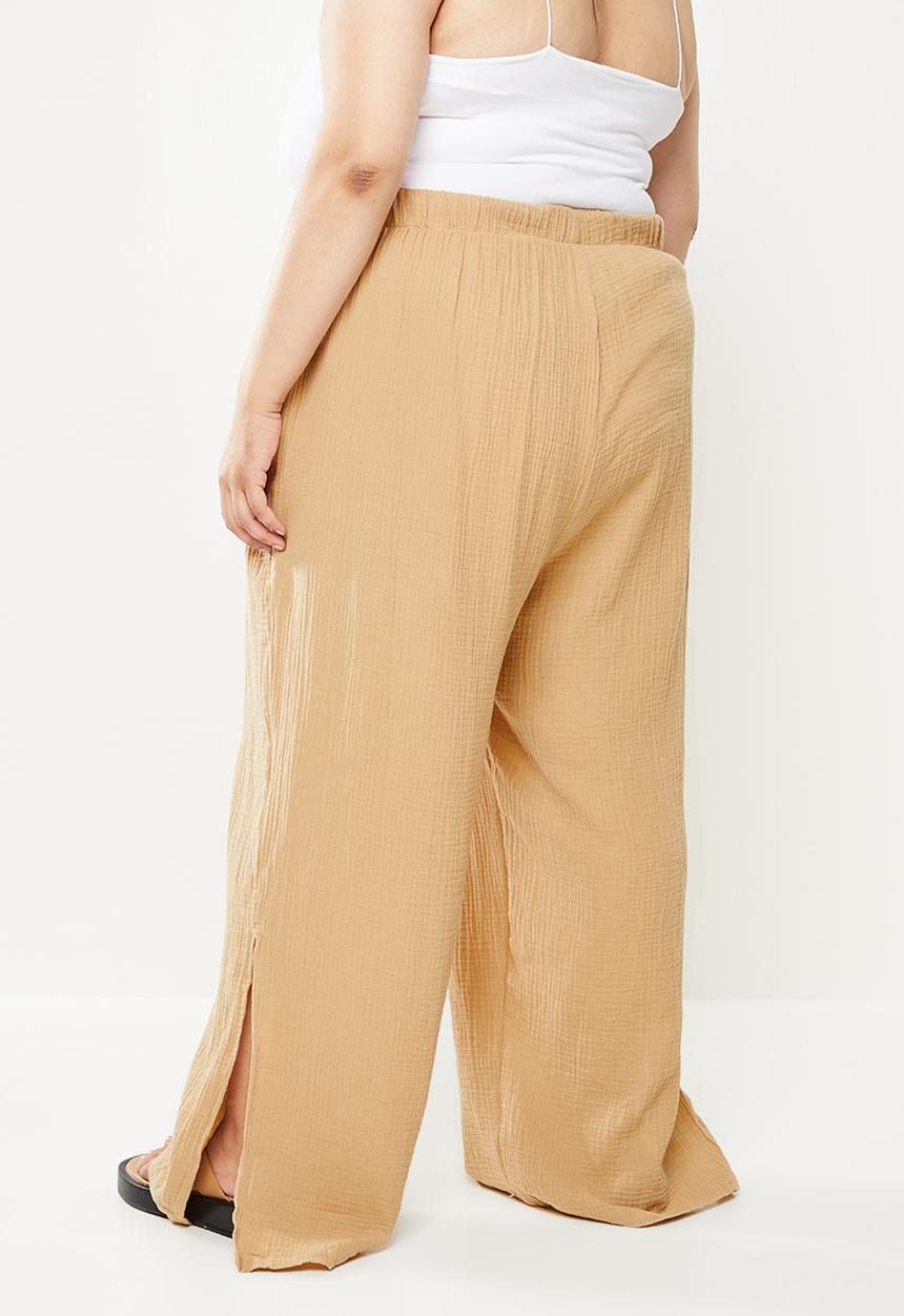 Cotton On - Curve woven tie waist wide leg pant - brown taupe
