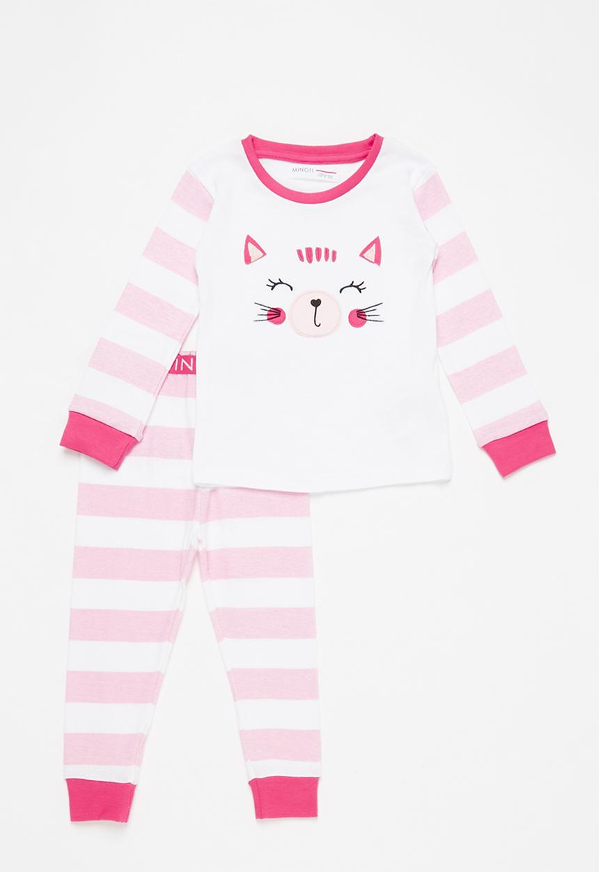 MINOTI - 2 piece girls cat face striped pyjama set - pink 