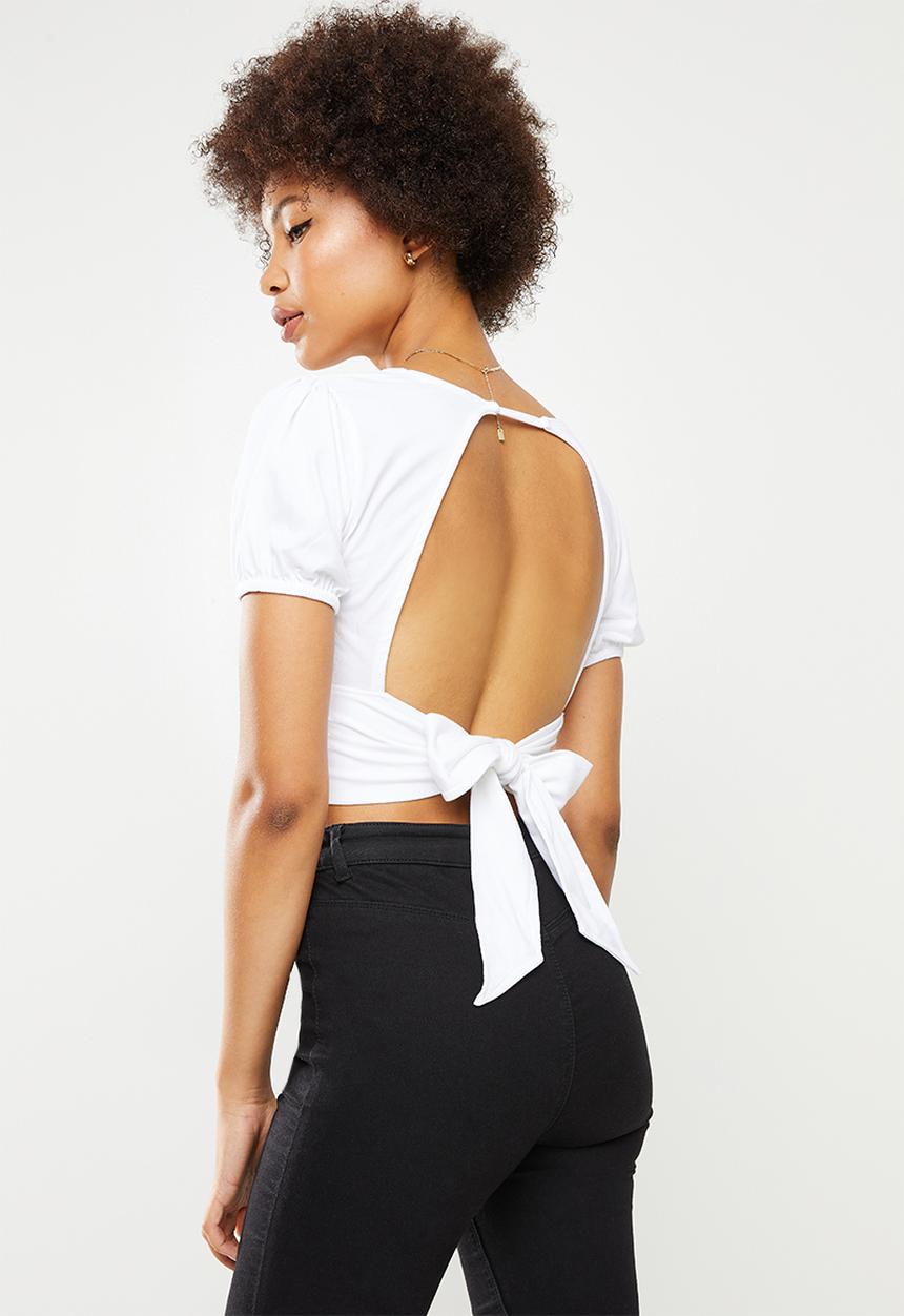 Missguided - Puff sleeve open tie back crop - white