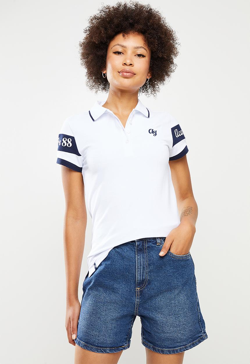 Aca Joe - Ladies aca joe high square sleeve stripe golfer - white