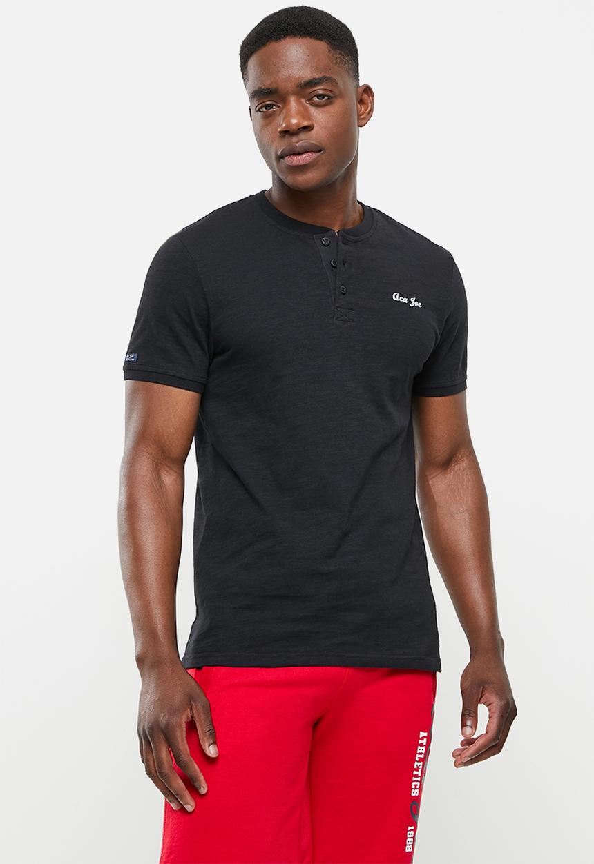Aca Joe - Grandpa collar flock print henley - black
