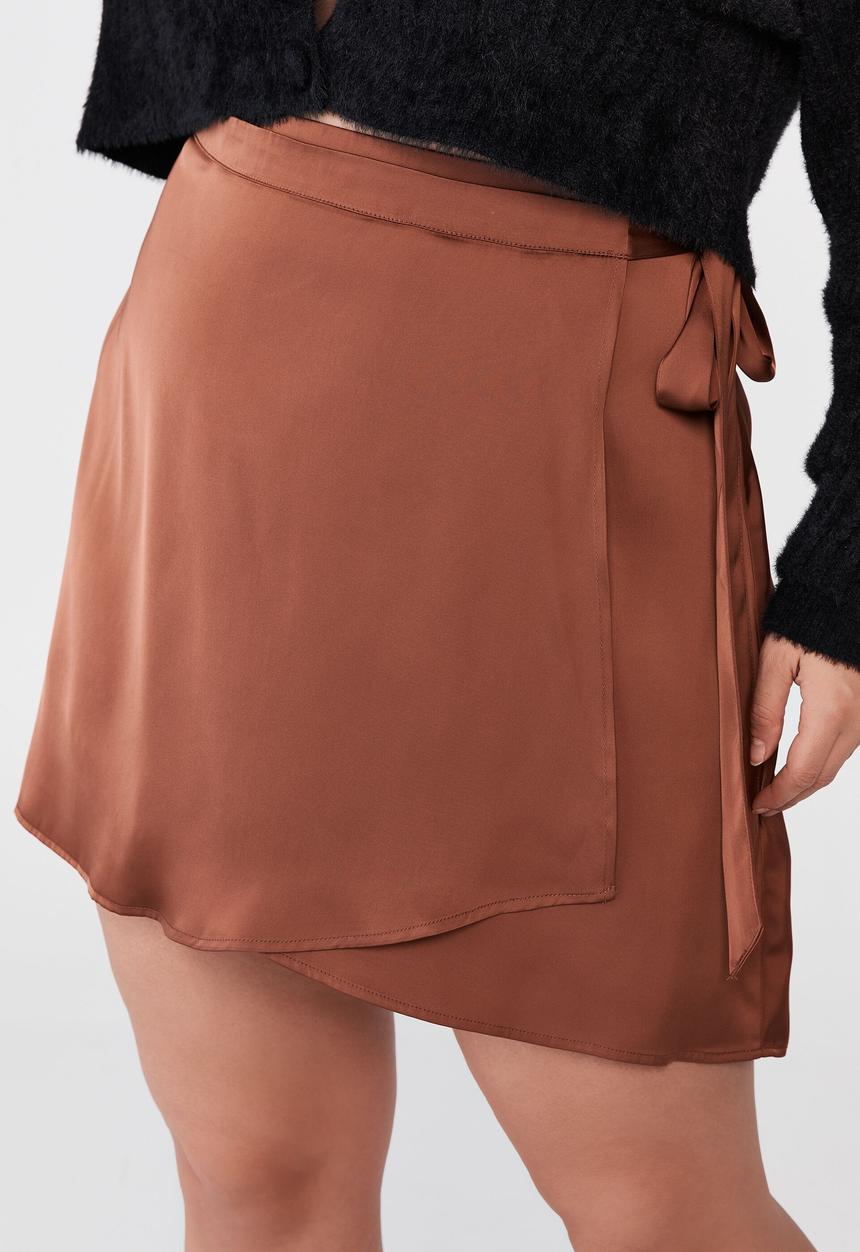 Cotton On - Curve woven santorini satin wrap mini skirt - vintage brown